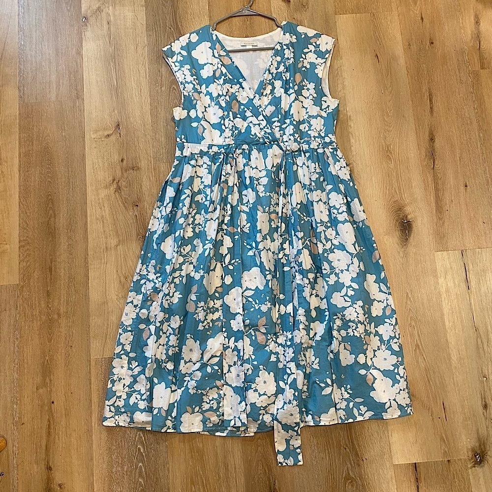 Garnet Hill Blue Floral Tie Waist Cap Sleeve Dress Size 12
